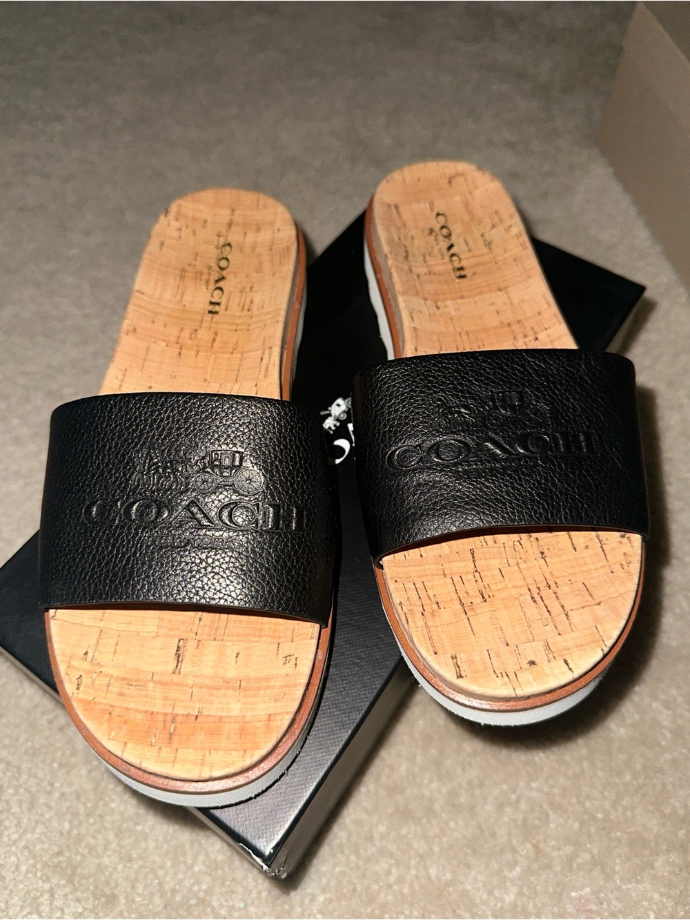 COACH Black Leather Cork Footbed Slide Sandals
